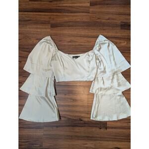 Blue Blush Satin Tiered Bell Sleeve Cropped Top- Size Medium